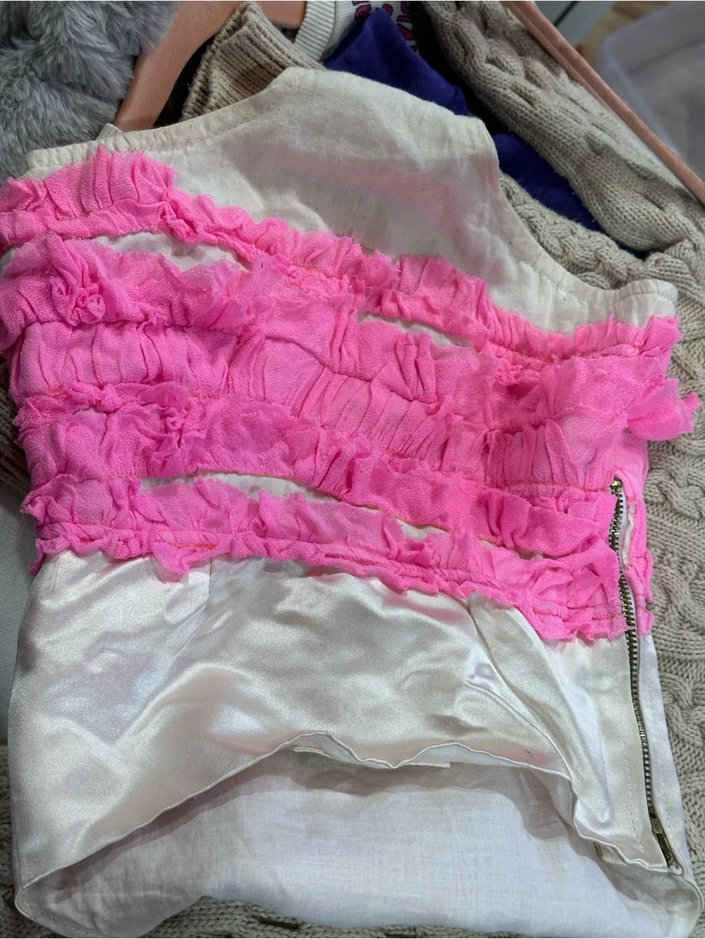 Girls Cream Halter One-Piece Bodysuit with Pink Ruffle Skirt